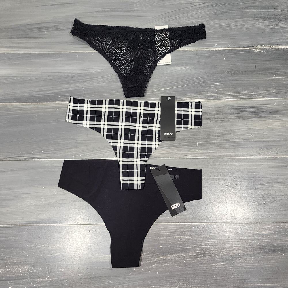 DKNY Thong‎ Underwear Panties 3 Pair Size Medium Black Plaid Lace